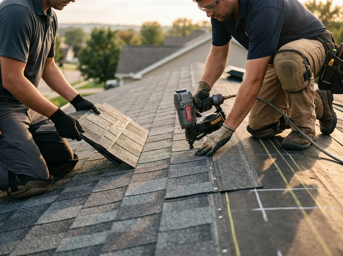 Professional roofer working on a residential roof in Waynesboro